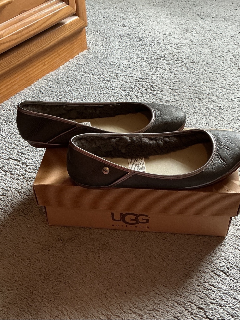 UGG Brown Leather Shearling-Trim Ballet Flats